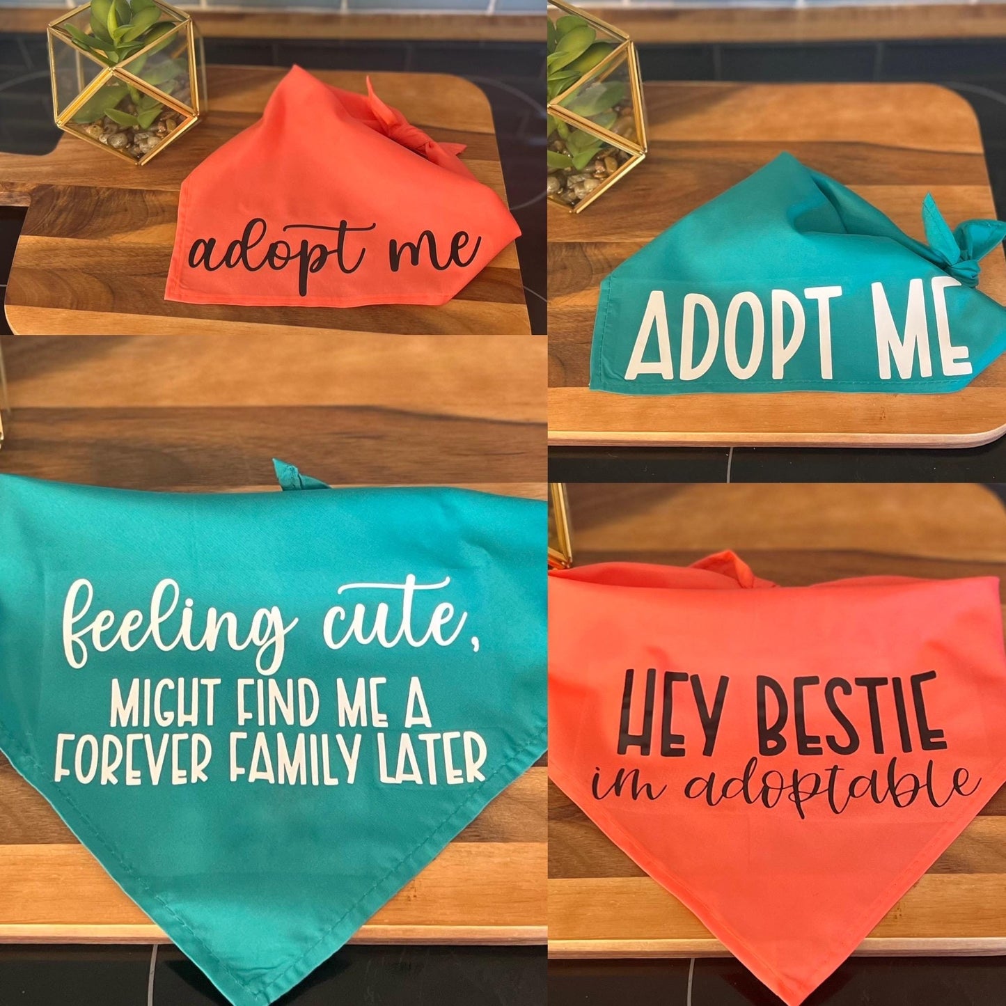 4 pack Bundle - Hey Bestie, I'm Adoptable; Adopt Me (2); Feeling Cute - Adopt Me Foster Pet Bandana - Triangle tie on - 26"/31.5"