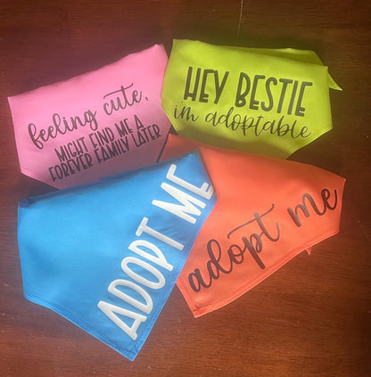 4 pack Bundle - Hey Bestie, I'm Adoptable; Adopt Me (2); Feeling Cute - Adopt Me Foster Pet Bandana - Triangle tie on - 26"/31.5"